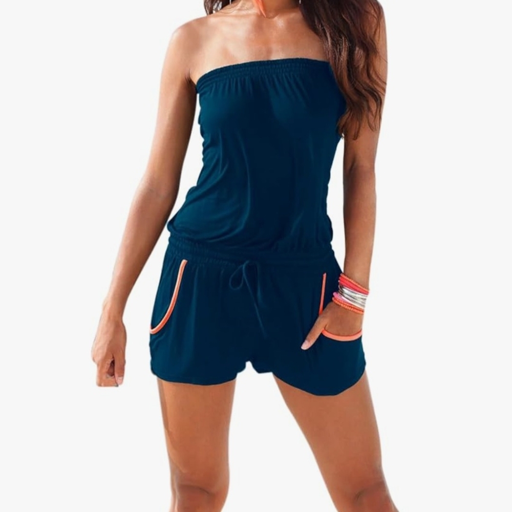 Strapless Navy Romper with Orange Accents